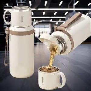 Stainless Steel Insulated Water Bottle 600ml/1L with Rope, Dual-Function Coffee Cup, Portable Outdoor Vacuum Insulated Flask for Camping, Cycling, Home & Office