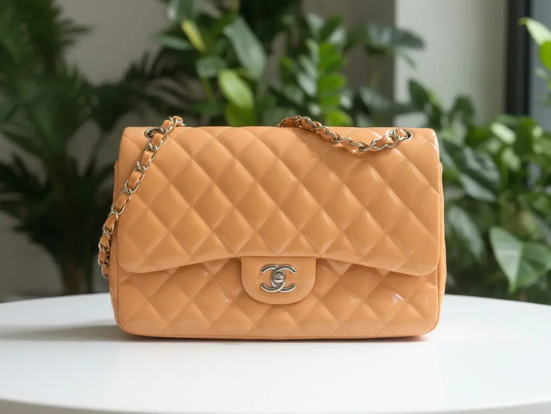 Pre-owned CHANEL Leather Shoulder Bags Peach Patent Double Flap Jumbo