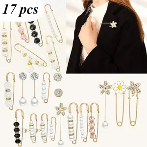 Pack of 17 Pearl Scarf Brooch Pin Set, Assorted Muslim Hijab Clips, Small Metal Clips for Headscarf Shawl, Plastic Safety Shawl Brooch Pins for Women and Men