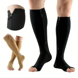 2 Pairs Women Compression Socks Support Knee Zipper Female Open Toe Thin Anti Fatigue Stretchy Sox High Socks zipper sock Womenswear Bridal knee thin tights