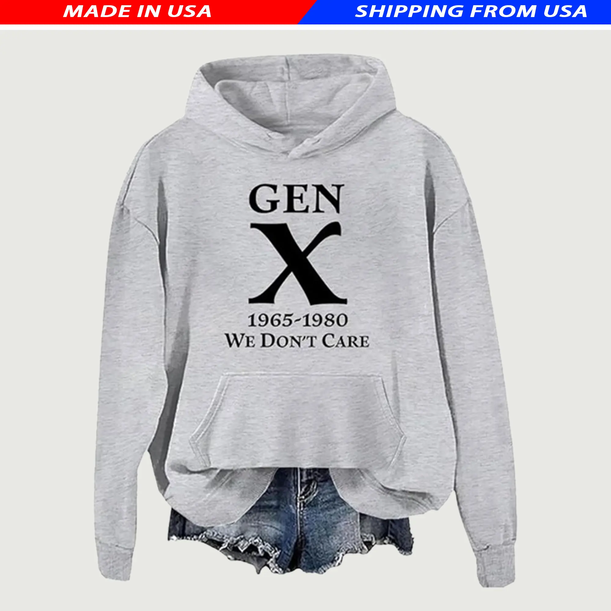 Gen X "We Don't Care" Hoodie, Retro Graphic Digital Print Sweatshirt in Soft Air Jet Fleece, Unisex Casual Long Sleeve Top for All Seasons, Cotton