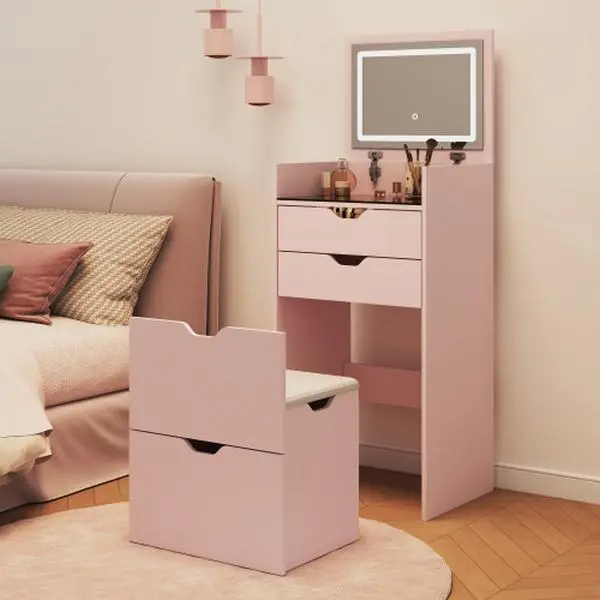 [Bellemave]Dressing Table and Stool, 3-in-1 Multifunctional Dressing Table Set, Featuring Three-color Lighting Modes, HD Mirror, Two Sliding Drawers, and a Hidden Storage Stool