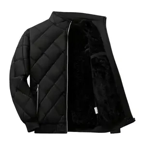 Men's Plaid Quilted Fleece Lined Stand Collar Cotton Jacket Autumn Winter Thick Warm Casual Workwear Cotton Coat Windproof Overcoat Menswear Stylish Black Tops