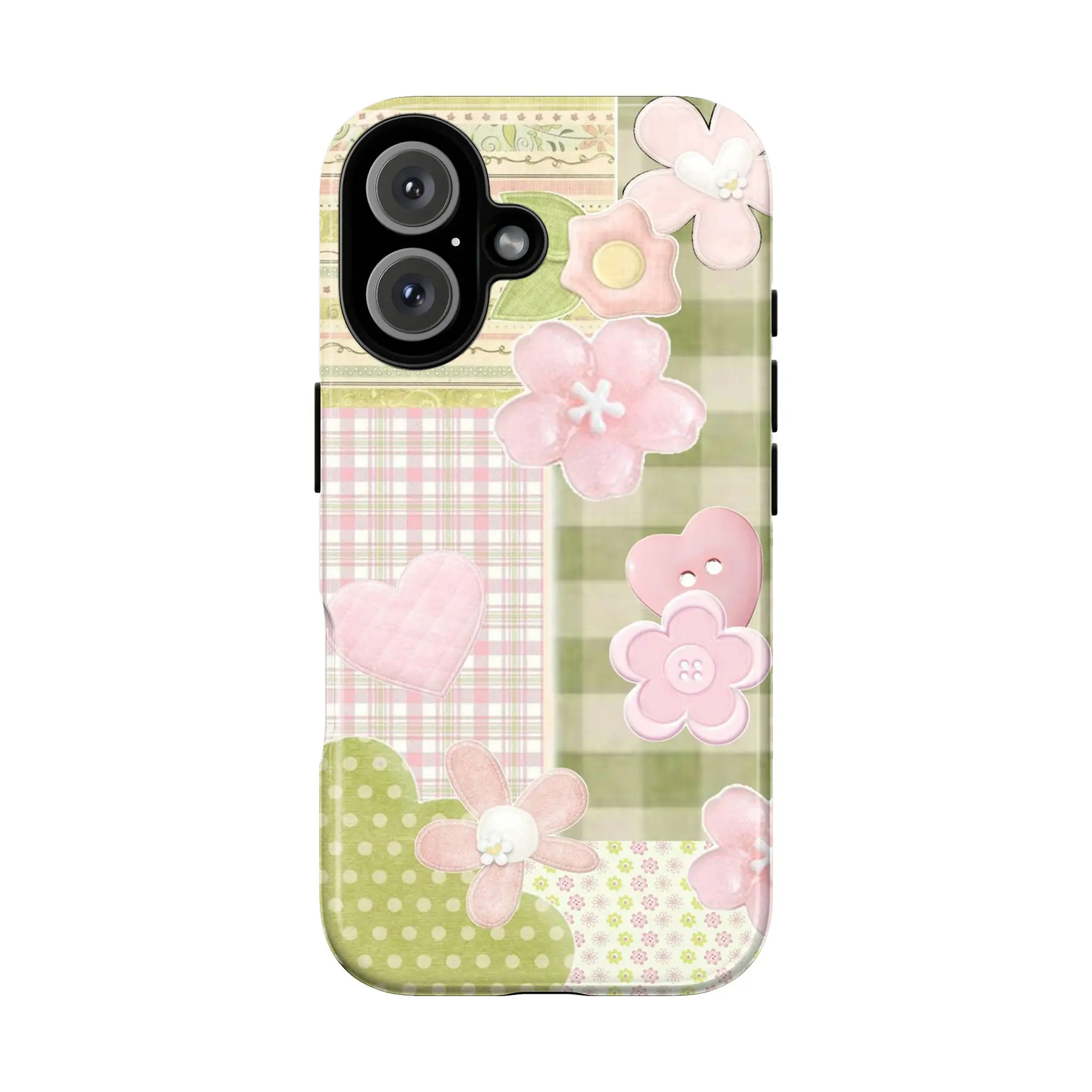 Starry Patchwork Flower Customized Hybrid TPU-Polycarbonate Cellphone Casing, Durable with TPU Shock Liner, Pastel Pink-Green Aesthetic Cover with Hearts & Buttons, Heavy Duty Protection Accessory for iPhone 11-17, 16 Plus, Galaxy S21-S25
