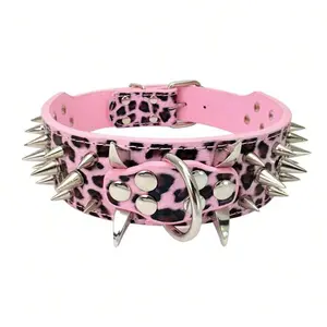 Dog Collar Sharp Spiked Studded Luxurious Padded Leather Collars For Medium Large Dogs - 2 Inch Width Necklace Anti-Biting (S, Pink Leopard-SV),Small:Neck16.9inch-20.1inch,PinkLeopard-Silver
