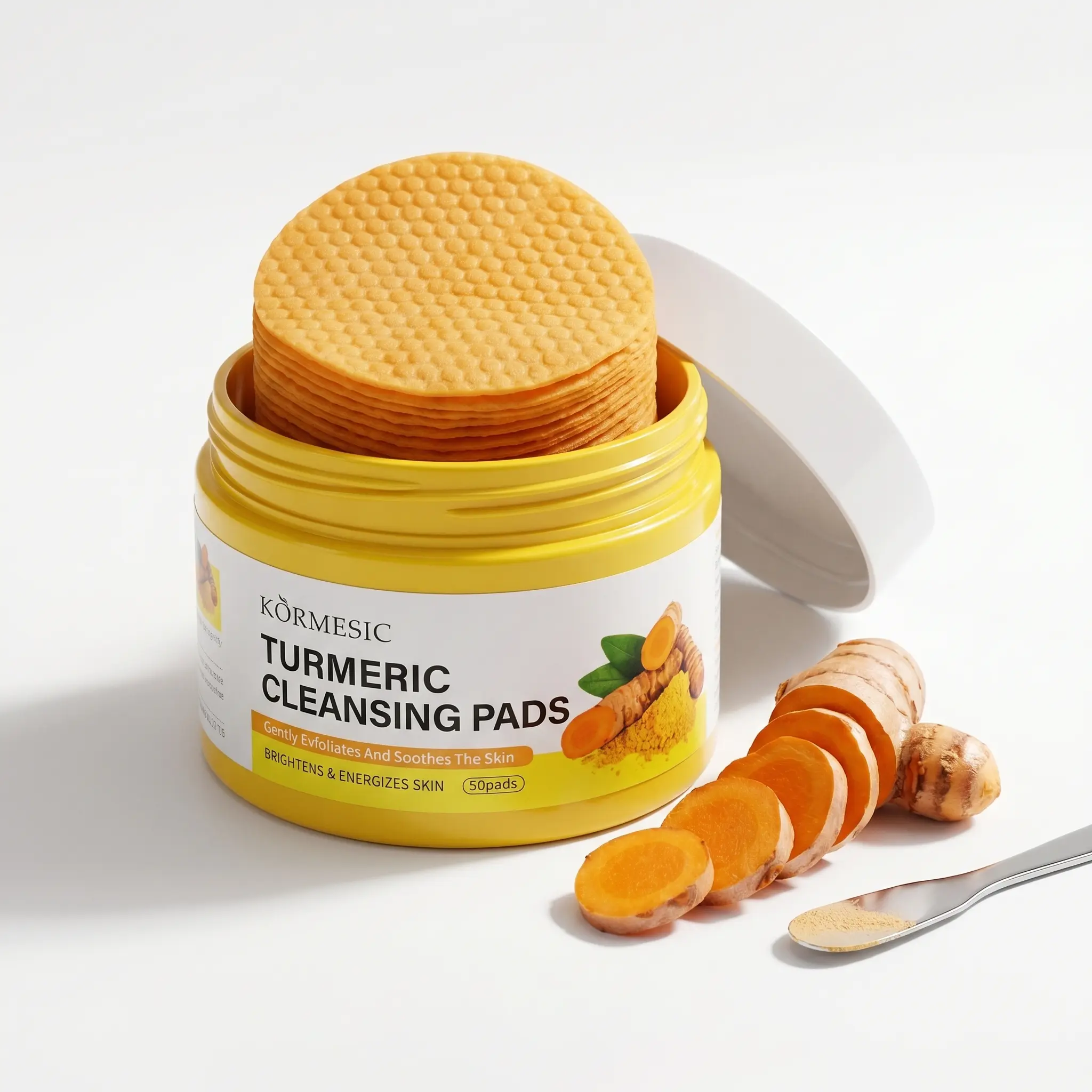 KORMESIC Turmeric Exfoliating Cleansing 50 Pads Gentle Salicylic Acid Pads for Dull Rough Skin, Brightening Pore Minimizer Cotton Pads with Centella & Olive Oil tumeric and kojic acid skincare routine comprehensive