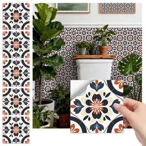 24PCS/Box FHZ Classic Art Decorative Tile Stickers | Retro Mexican Color-Block Floral Geometric Pattern Matte PET | Peel & Stick Removable Waterproof Oil-Proof Kitchen Backsplash Decor