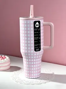 HydroJug 40oz Cute Pink Gingham  Tumbler with Handle & Straw, Insulated Stainless Steel Cup, Trendy Coquette Aesthetic for On-the-Go Hydration Drinkware Flasks Mug  Bottled     Portable sarcastic frozen drink toddler water gym school european bottles law