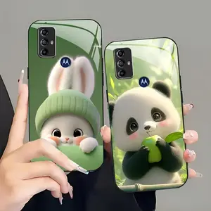 Black edge light green rabbit and panda for【Motorola Moto G Play (2023)】white light glass phone case--975