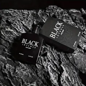 Black Extreme Men's Perfume, 3.4 ounces (100 ML). The bottle is crafted with obsidian-like porcelain technology, featuring a blend of mango and sandalwood scents. It offers long-lasting fragrance and helps men showcase their personal charm.
