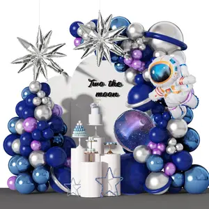 135pcs Space Balloon Garland Arch Kit Outer Space Birthday Decorations with Blue Purple Silver Galaxy Astronaut Foil Balloons for Boys Kids Themed Birthday Party Decoration Supplies