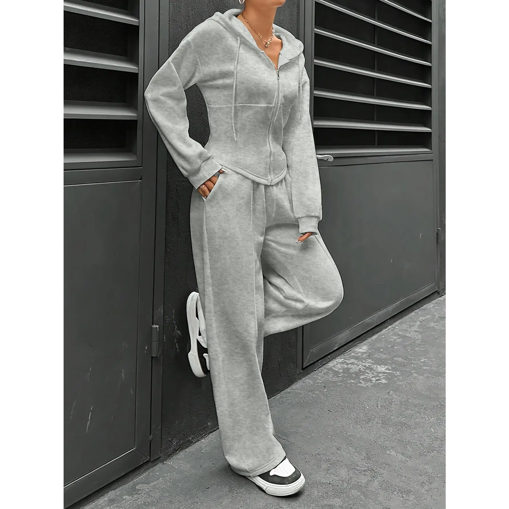 Women's 2-Piece Casual Lounge Set - Stretchy Outfit Sets for Women's Clothes, Long-Sleeve Zip-Up Hooded Sweatshirt with Drawstring, All-Season Minimalist Jogger Pants, Zip-Up Neck, Knitting