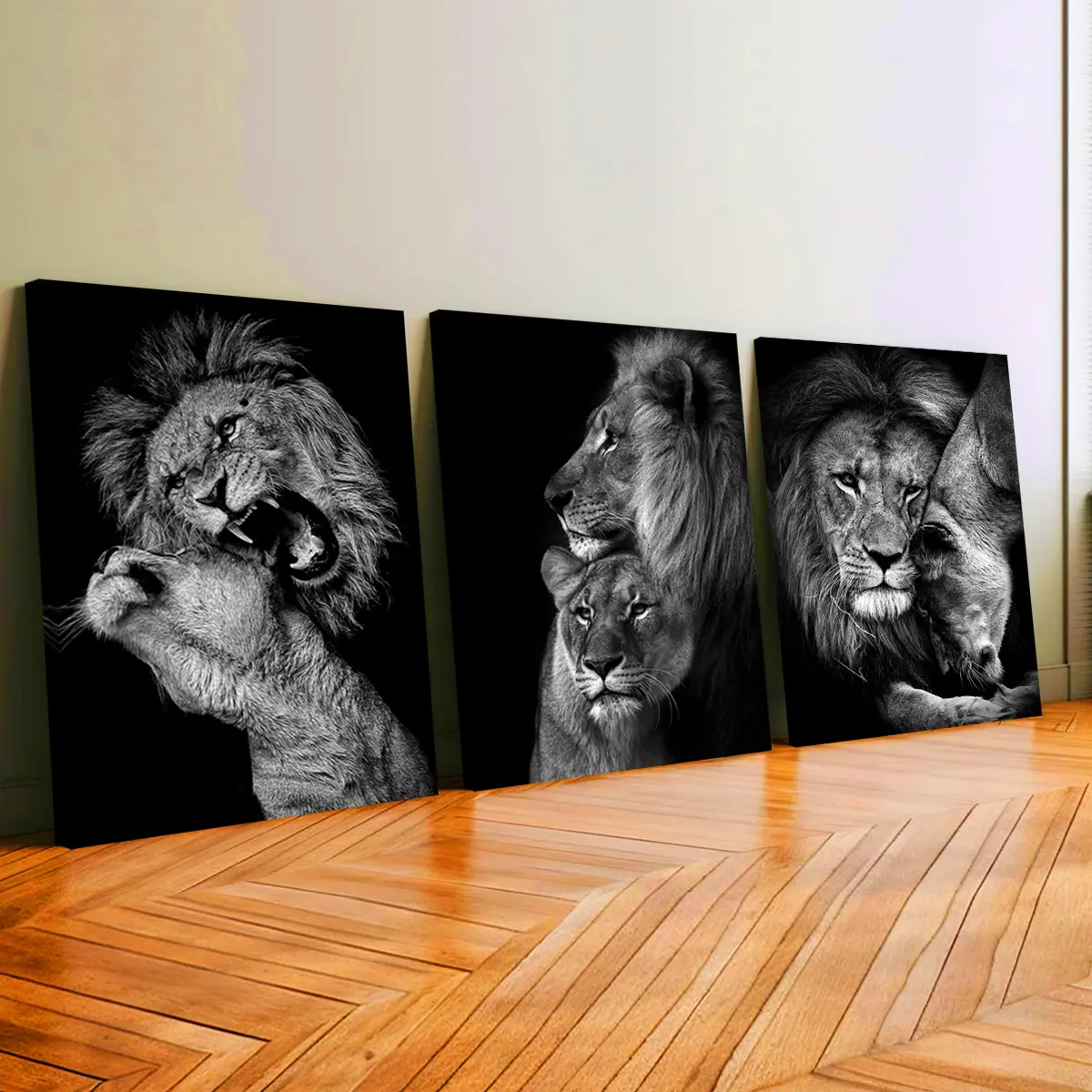 3Pcs Pine Wood-Framed Animal Theme Canvas Print Set - Black and White Lion Family Portraits, Odorless 30x40cm Home Decor Wall Art for Living Room, Bedroom