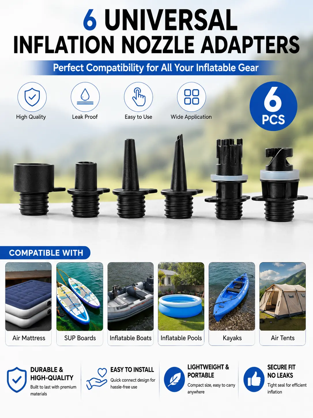 6PCS Universal Inflation Nozzle Adapters for Electric Air Pump | Compatible with SUP Boards, Inflatable Boats, Air Mattresses, Air Tents & Pools