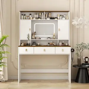 [Bellemave]Farmhouse Dressing Table Makeup Table, 43" Wide Dressing Table with Lighted Mirror and Makeup Drawer, Large Modern Dressing Table Set with Hair Dryer Holder for Bedroom, White