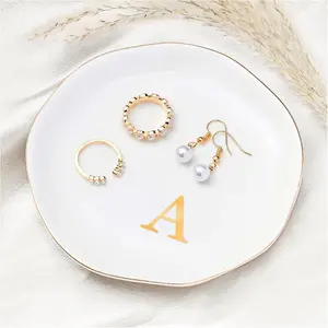 BOOVO HOME - Ceramic  Jewelry Tray, Decorative Trinket Dish for Rings Earrings Necklaces Bracelet Watch Keys, Birthday Mother's Day Christmas Gift for Women, 4.75", White Surface (letter)