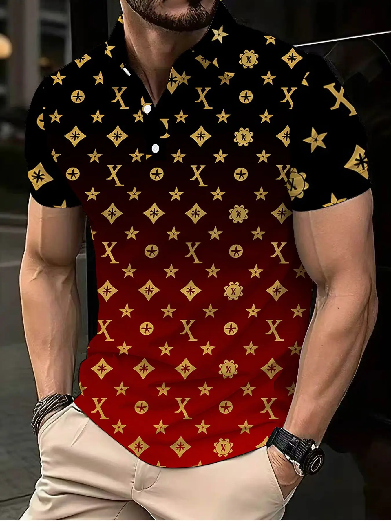 Black and red gradient gold label print men's Printed Polo Shirt, a luxurious short-sleeved top. Black and red gradient gold label print men's Printed Polo Shirt, a luxurious short-sleeved top.