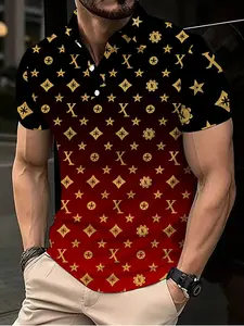 Black and red gradient gold label print men's polo shirt, a luxurious short-sleeved top. Black and red gradient gold label print men's polo shirt, a luxurious short-sleeved top.