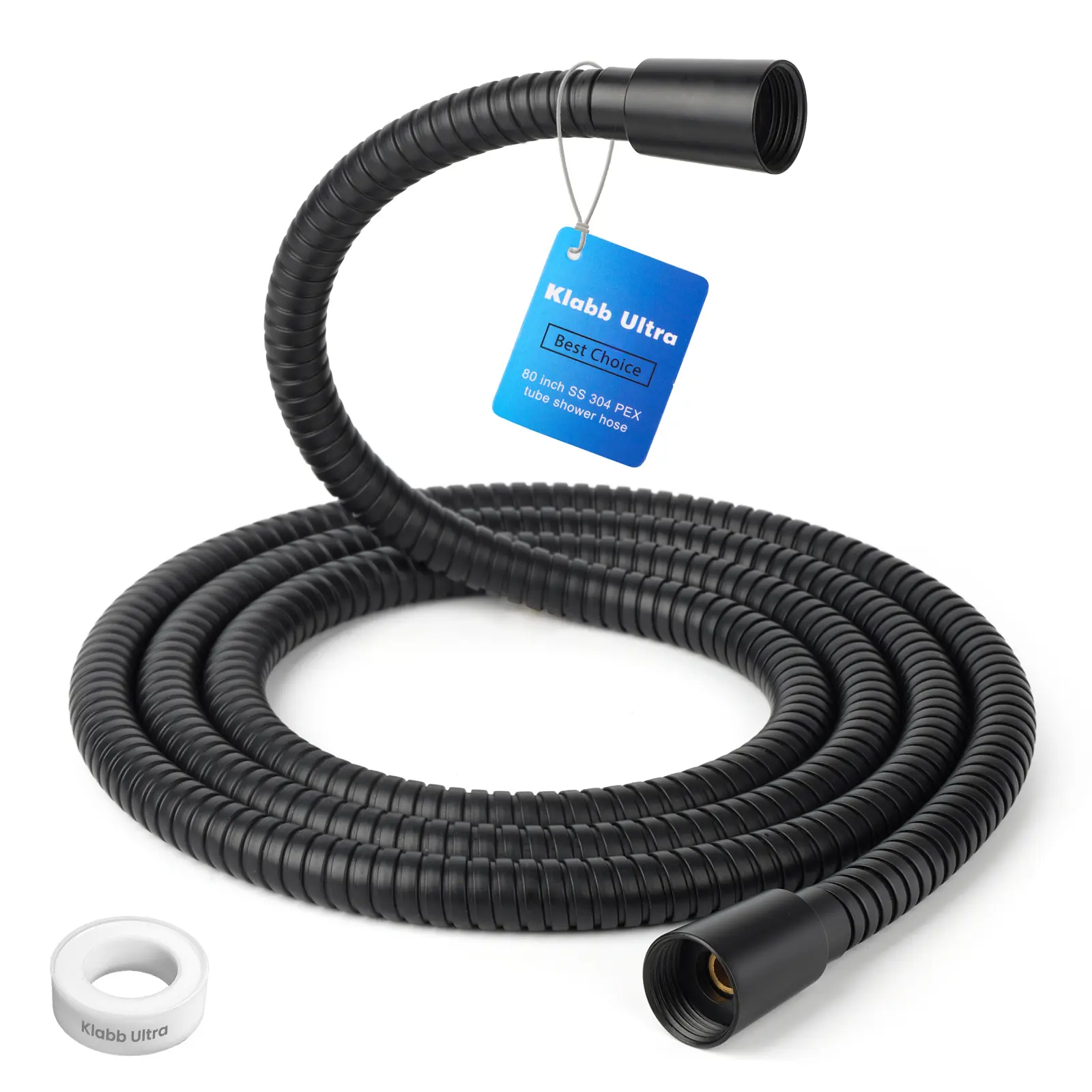 Klabb 80-Inch Ultra Long Bendable High-Flow Kink-Resistant Shower Hose, Bright Black, Flexible PEX Inner Tube, 360° Reinforced, 3.6 GPM Flow, G1/2 Connection, High-End Quality, 10-Year Warranty, High-Flow Shower Hoses, Kink-Resistant Shower Hoses