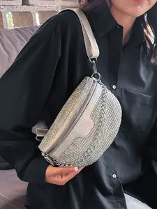 1pc Ladies' full diamond laser iridescent Casual waist bag with chain decoration, sparkling crossbody bag, suitable for music festivals, parties, dates, and daily outfits with a spicy girl style versatile crossbody bag