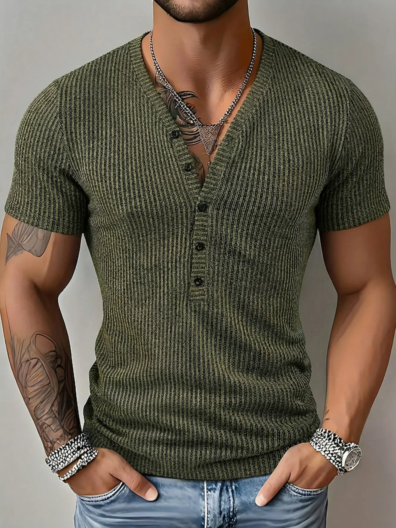 Men's Spring New Texture Dual Color Striped Deep V Neck Long Sleeve Outdoor Fashion Sport Top, Casual Slim-Fitting Long Shirt