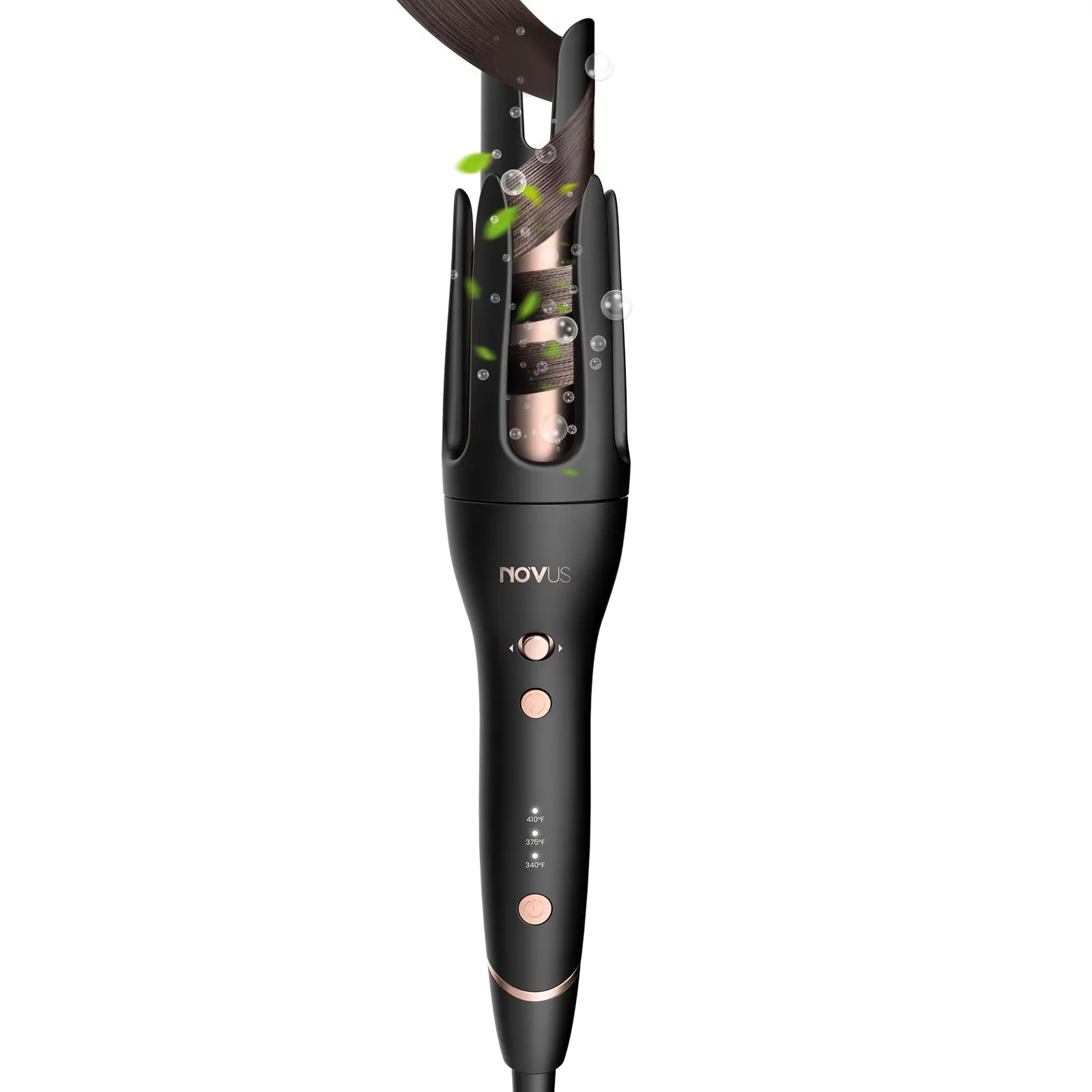 NOVUS Anti-Scald Automatic Dual Temperature Smooth Ceramic Curling Iron - Adjustable Handle, Heat Protection, Lazy Rotating Wand, 3 Temp Settings, 30Min Auto Shutdown, Plug (Universal Voltage), for Long Hair, Daily Use to Create Perfect Waves
