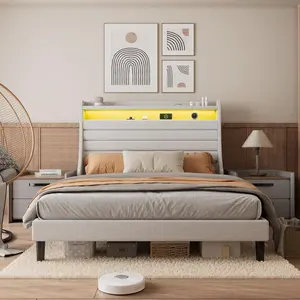 Queen Size Platform Bed Frame with High Headboard Storage Rack, Beige, MDF Core with Linen Fabric & Sponge Upholstery, Horizontal Stripes Design, Metal Slats, Easy Setup, Underbed Clearance for Soft Beds