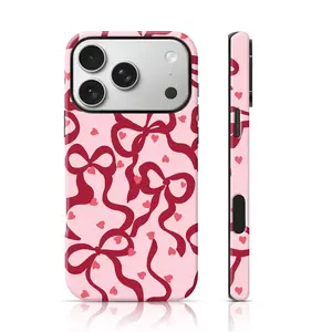 Romantic Pink Bow & Heart Phone Case for iPhone 17 Pro Max/16 Pro Max /15Pro Max 15/14/13/12 & Samsung S25 Ultra All Models, Double-Layer TPU Shockproof Protective Cover