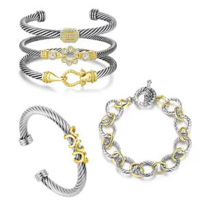 Aprilery Stackable Cable Cuff Bracelets Set – Adjustable Mixed Metal Jewelry with Sculptural Charms, Trendy Fashion Bangles for Women