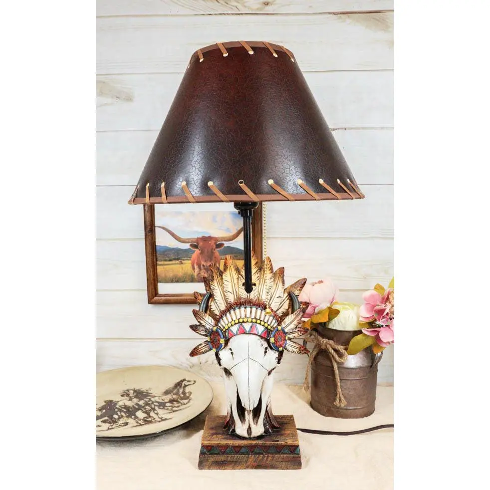 Western Cow Skull with Tribal Indian Chief Feathers Roach Headdress Table Lamp