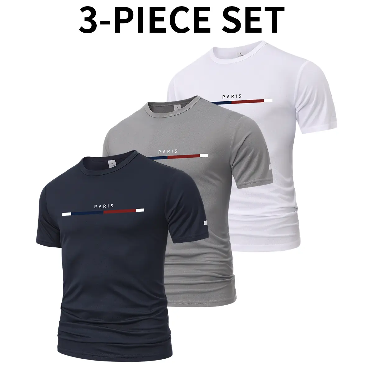 3PCS Men’s Quick-Dry Moisture-Wicking Sports Shirts – Round-neck T-shirts made from waterproof polyester fabric with printed patterns; non-see-through athletic and casual tops, multicolor set suitable for fitness, training, and casual wear—durable and com