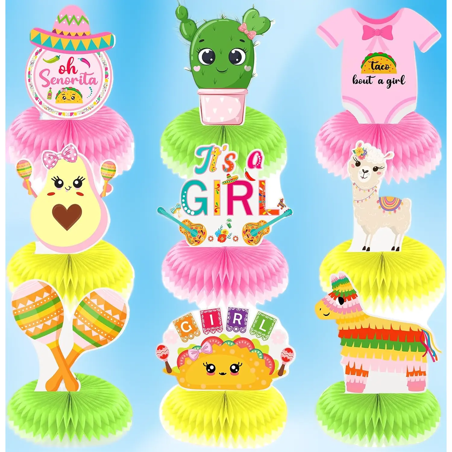 9Pcs Pink Llama-Cactus Honeycomb Centerpieces - Mexican Theme Party Festival Party Supplies for "Taco Bout A Baby" Gender Reveal, Oh Senorita Baby Shower