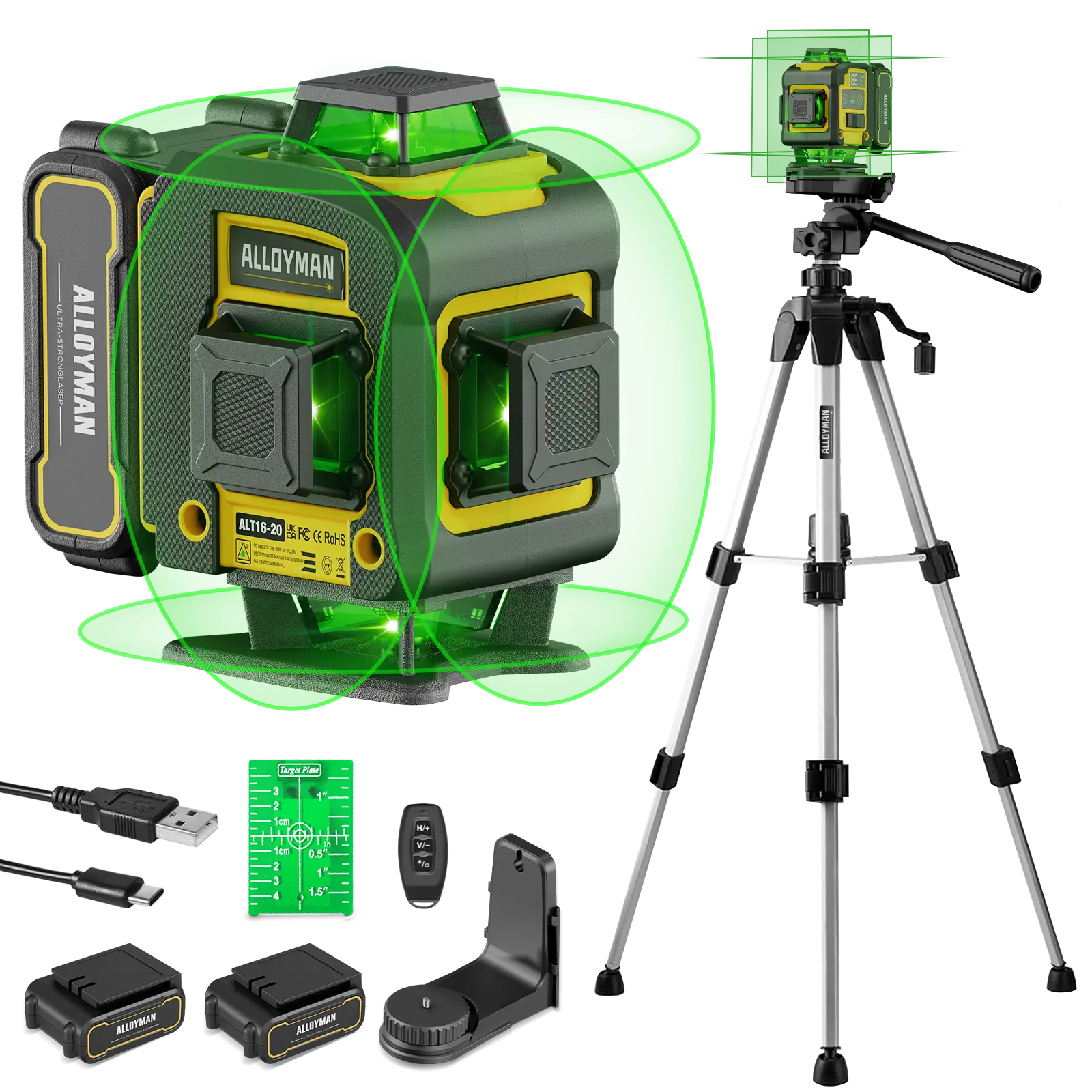 Alloyman Laser Level 360° with Tall Tripod, Self Leveling Laser Measuring Tool Green Lazer Level 16 Line Level Laser 360 Self Leveling for Construction, Home Renovation, Picture Hanging, Charge, Trending Christmas Gifts and New Year Gift Ideas