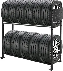 Adjustable Rolling Tire Rack, Heavy-Duty Tire Storage Rack for Garage, with 4 Self-Locking Casters, Foldable Hole Board, 59" H × 58.6" W