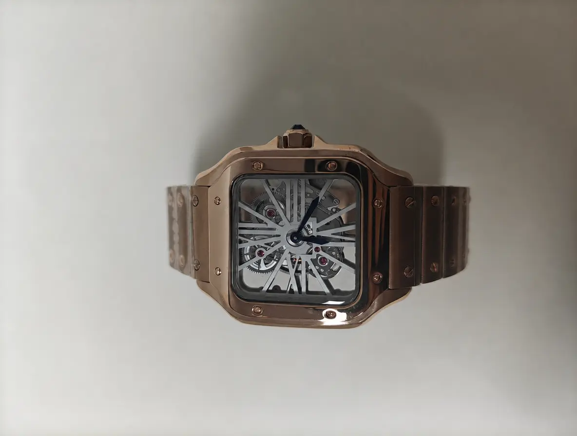 Square Rose Gold Skeleton Dial Men Watch Rivet Stainless Steel Band Hollow Analog Wristwatch