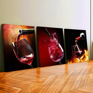 3Pcs Wooden Framed Canvas Painting, Red Wine Glasses And Bottles Images, Exquisite Poster, Home Decoration, Pattern Wall Art Decor, For Living Room, Bedroom, Office, Restaurant, Bar Wall Decor, Odorless, Painting, Print Artwork.