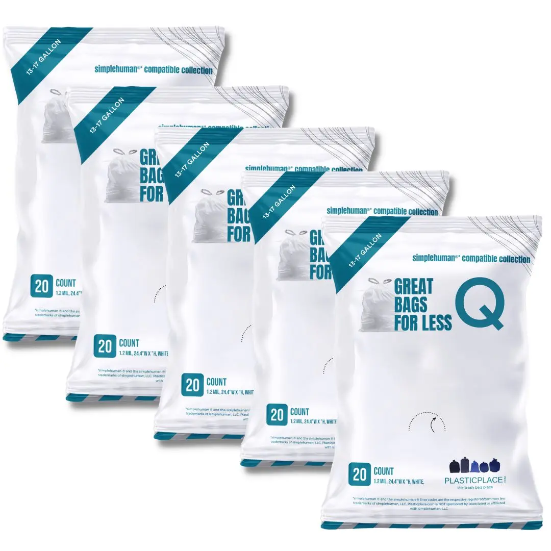 Plastic Drawstring Trash Bags - Simplehuman® Compatible, Code Q, 13-17 Gal Bulk Pack, 100 per Case