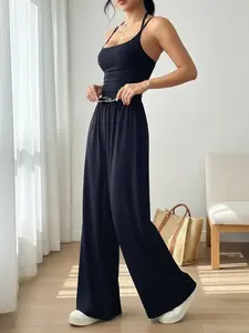Women's Casual Pleated Loose Straight Jumpsuit, Adjustable Strap, All Seasons Wear, Moderate Fabric Thickness, Comfortable Fit, Casual Comfy Jumpsuit