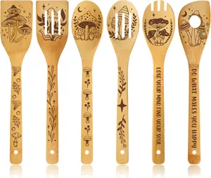 6 count Mushroom Kitchen Halloween Housewarming Gifts Mushroom Engraved Wooden Spoons Set for Women Mom Wife Neighbor, Quirky Mushroom Unusual Kitchen Gadgets