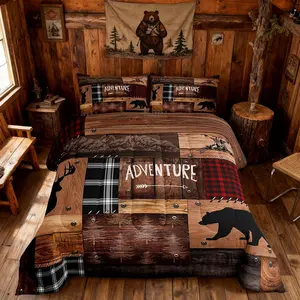 Rustic Cabin Comforter Set,Farmhouse Bedding Set,Kids Boys Girls Brown Cabin Decor,Hunting Animals Bedspread Bear Deer WildlifeDuvet Insert