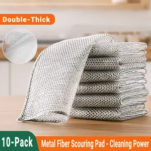 Double-Thick Metal Fiber Scouring Pads, 10-Pack Non-Scratch Stainless Steel Scrubber for Dishes, Sinks & Stovetops Gentle Yet Powerful Cleaning Pads for Stubborn Grime & Residues, 7.87x7.87 Inch Each