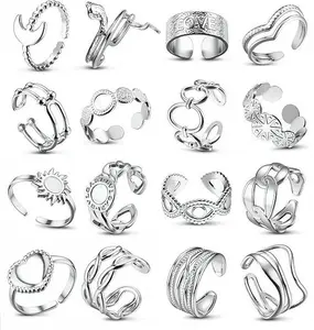 16 pcs Stackable Stainless Steel Rings Open Adjustable Thumb Finger Statement Ring Non Tarnish Chunky Silver Rings for Women Fashion Accessories