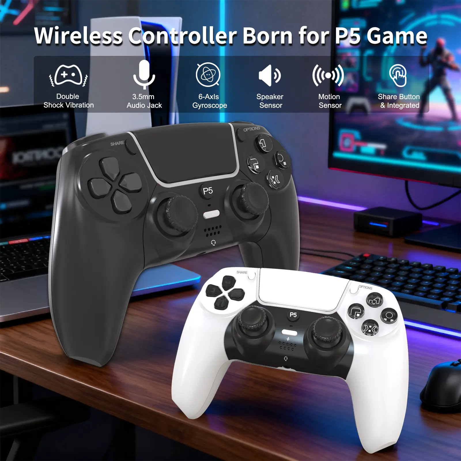 GAMINJA P50A Wireless Motion Control Gamepad for PS5/PC, Gaming Controller with Turbo, Accessories for Gamers