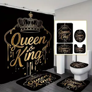 1/4pcs Gold Crown King and Queen Pattern Shower Curtain Set, Bathroom Decoration Accessories, Bathroom Accessory, includes non-slip mat, U-shaped rug, toilet seat cover, for bathroom decoration. Comes with 12 shower curtain hooks