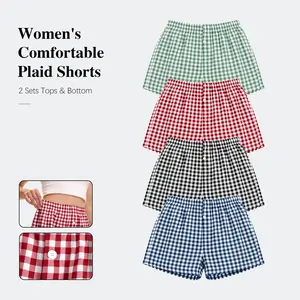 4 Pack Boxer Shorts for Women Gingham Pajama Summer Casual Lounge Sleep Plaid Shorts Beach Style