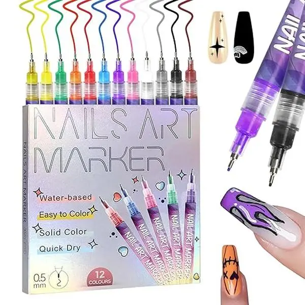 Kids Nail Art Kit, 12-Colors Nail Art Markers for Kids, Non-Toxic Washable Nail Pens for Girls Ages 3-10, Quick Dry Easy Clean DIY Manicure Set, Birthday Party & Sleepover Gift Geometric Nail Art Patterns