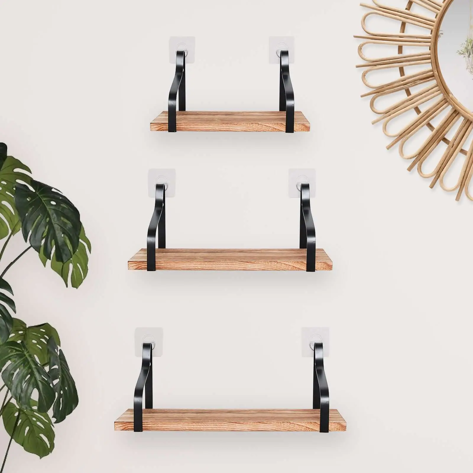 3-Pack Wood-Metal Floating Wall Shelves, Wall-Mounted Shelf Set for Home Decor & Room Accessories