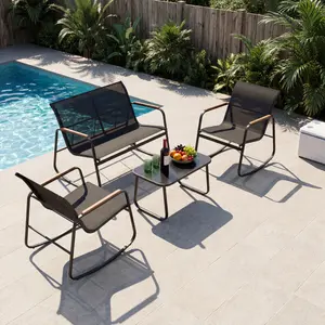 4 Piece Outdoor Rocking Bistro Set, Fabric Small Patio Furniture Set, Front Porch Rocker Chairs Conversation Set with Table for Lawn, Garden, Balcony, Poolside 3-piece set of outdoor courtyard furniture, featuring a wooden coffee table, poolside lawn