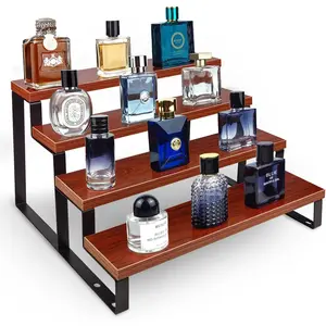 Cologne Organizer for Men (Walnut Color),4 Tier Perfume Stand for Dresser  Cologne Stand with Anti-Slip pads for Party,Makeup,Figures,Cupcake,Perfume,Display Risers Stand Organizer