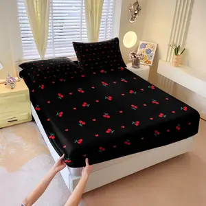 Simple cartoon cherry print, Bright prints fitted sheet set, Includes 1 Fitted Sheet & 2 Pillowcases without Filler, Features color contrast, perfect for home decoration, Multiple styles available, Suitable for gifting or personal use